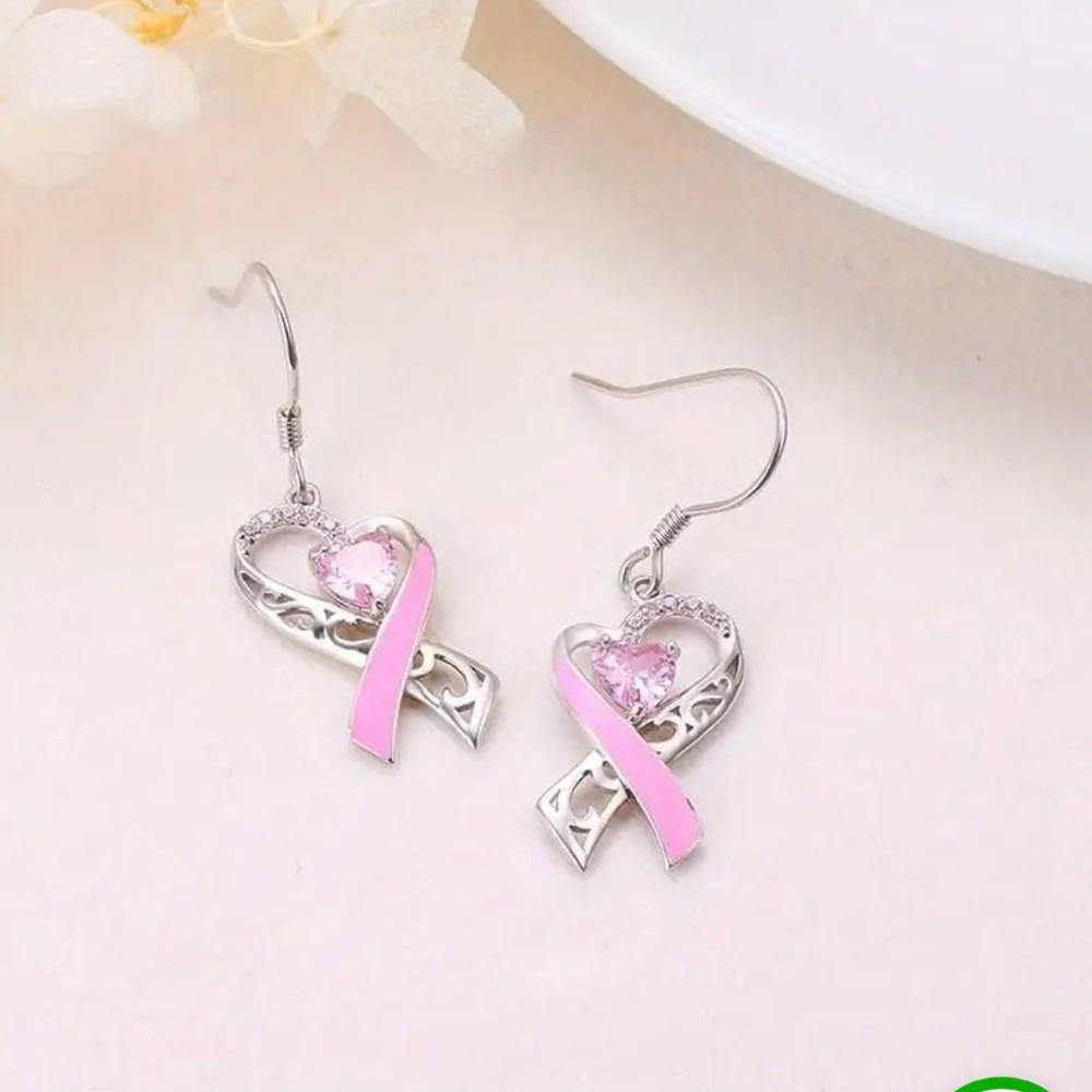 Pink Ribbon Heart Dangle Earrings - Women Jewelry Earrings